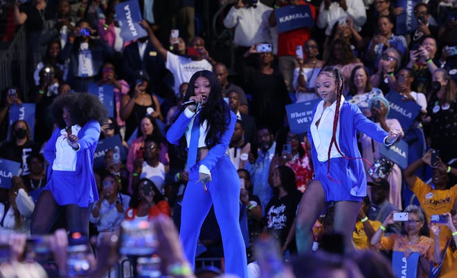 Tuesday, July 30, 2024; Atlanta, Ga; Grammy winner Megan Thee Stallion performs during a presidential campaign rally for Vice President Kamala Harris on Tuesday, July 30, 2024 at the Georgia State Convocation Center in Atlanta, Ga.