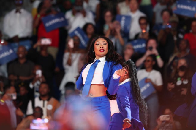 Tuesday, July 30, 2024; Atlanta, Ga; Grammy winner Megan Thee Stallion performs during a presidential campaign rally for Vice President Kamala Harris on Tuesday, July 30, 2024 at the Georgia State Convocation Center in Atlanta, Ga.