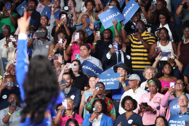 Tuesday, July 30, 2024; Atlanta, Ga; Grammy winner Megan Thee Stallion performs during a presidential campaign rally for Vice President Kamala Harris on Tuesday, July 30, 2024 at the Georgia State Convocation Center in Atlanta, Ga.