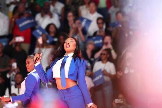 Tuesday, July 30, 2024; Atlanta, Ga; Grammy winner Megan Thee Stallion performs during a presidential campaign rally for Vice President Kamala Harris on Tuesday, July 30, 2024 at the Georgia State Convocation Center in Atlanta, Ga.