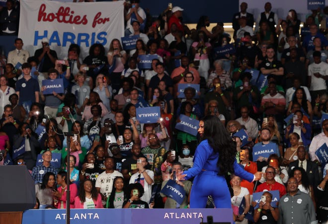 Tuesday, July 30, 2024; Atlanta, Ga; Grammy winner Megan Thee Stallion performs during a presidential campaign rally for Vice President Kamala Harris on Tuesday, July 30, 2024 at the Georgia State Convocation Center in Atlanta, Ga.