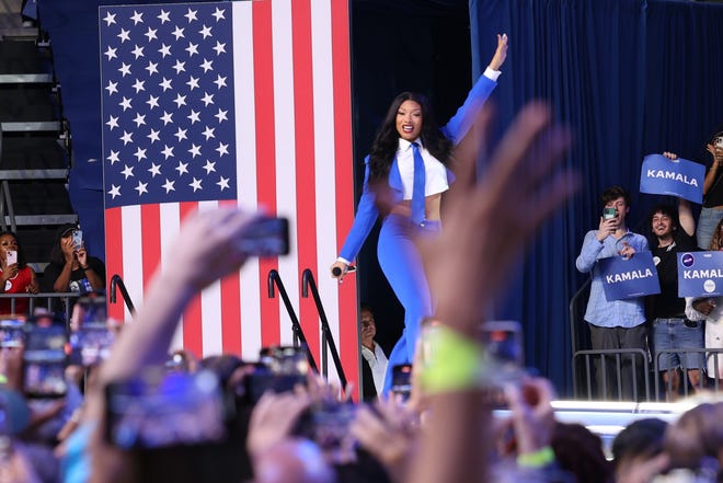 Tuesday, July 30, 2024; Atlanta, Ga; Grammy winner Megan Thee Stallion performs during a presidential campaign rally for Vice President Kamala Harris on Tuesday, July 30, 2024 at the Georgia State Convocation Center in Atlanta, Ga.