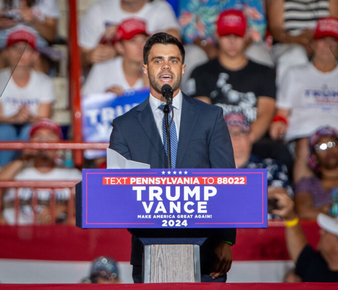 Phillip Habegger speaks during a Donald Trump rally in the New Holland Arena at the Pennsylvania Farm Show complex in Harrisburg Wednesday, July 31, 2024.