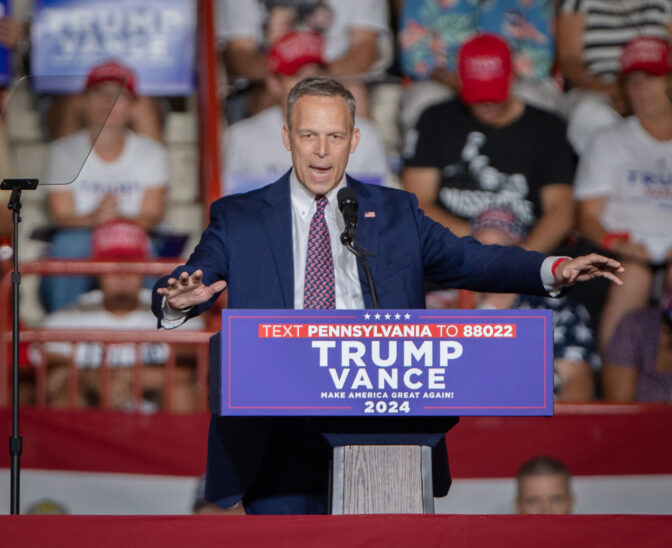 Congressman Scott Perry speaks during a Donald Trump rally in the New Holland Arena at the Pennsylvania Farm Show complex in Harrisburg Wednesday, July 31, 2024.