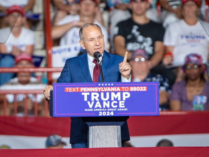 Congressman Lloyd Smucker speaks during a Donald Trump rally in the New Holland Arena at the Pennsylvania Farm Show complex in Harrisburg Wednesday, July 31, 2024.