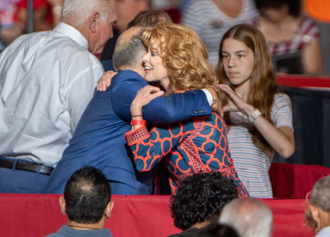 Congressman Lloyd Smucker, left, greets Pennsylvania Treasurer Stacy Garrity during a Donald Trump rally in the New Holland Arena at the Pennsylvania Farm Show complex in Harrisburg Wednesday, July 31, 2024.