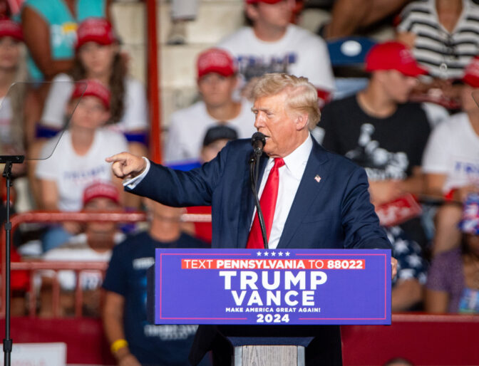 Donald Trump speaks during a rally in the New Holland Arena at the Pennsylvania Farm Show complex in Harrisburg Wednesday, July 31, 2024.