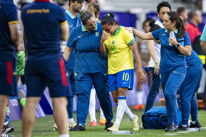 Brazilian soccer legend Marta leaves the field in tears after receiving a red card during a match against Spain on July 31. She was sent off for a reckless and dangerous challenge on Olga Carmona. Marta, a six-time FIFA World Player of the Year, has said she’s retiring from international play following this tournament, so the red card could mark an ignominious end to her glittering national team career.