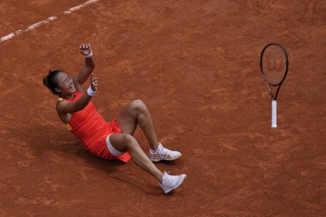 China's Zheng Qinwen celebrates after defeating Poland's Iga Świątek, the world’s top-ranked tennis player and a dominant force on clay, in the Olympic semifinals on August 1. Qinwen, the No. 6 seed, won in straight sets: 6-2, 7-5.