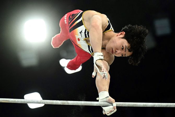 Japanese gymnast Shinnosuke Oka competes on the horizontal bar during the individual all-around on July 31. Oka went on to win the gold. Japanese men have now won the individual all-around in four straight Olympics. Daiki Hashimoto won three years ago in Tokyo, and Kohei Uchimura won in 2016 and 2012.