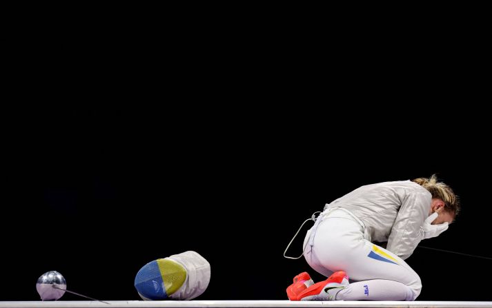 Ukrainian fencer Olga Kharlan reacts after winning her bronze-medal sabre bout on July 29. It's her country’s first medal of the Paris Olympics.