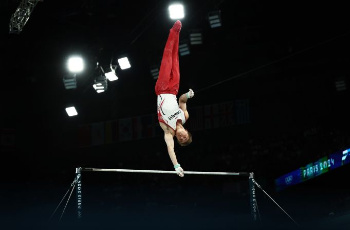 Canada’s Félix Dolci competes on the high bar during the gymnastics qualification round on July 27.