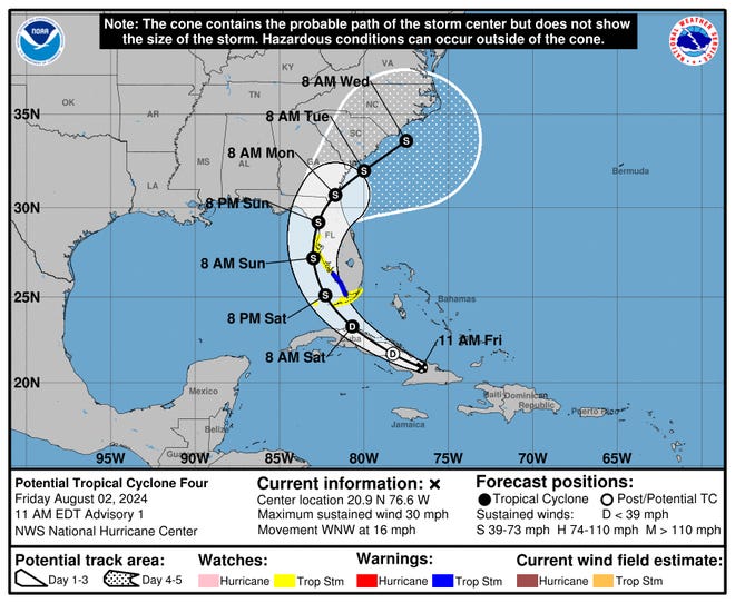 The forecast track of what's expected to become Tropical Storm Debby shows the system moving along the west coast of Florida over the weekend.