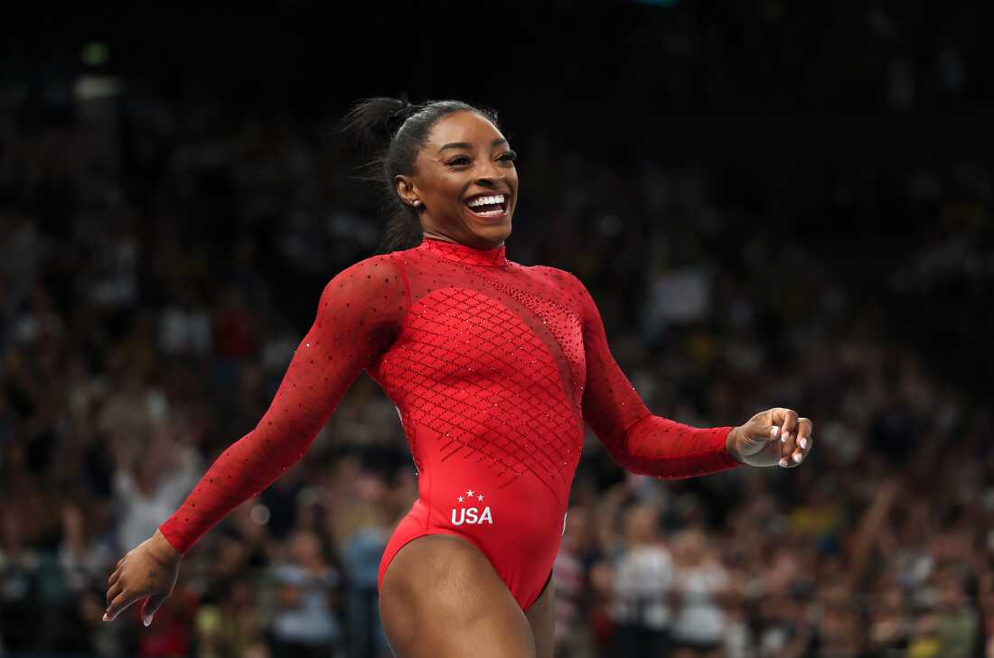 Simone Biles after finishing her vaults during the the Olympic gymnastics women's vault final on Saturday.