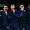 Members of the U.S. men's gymnastics team pose with their bronze medal following the men's team final on Monday. It's the first Olympic medal for the U.S. in the event since 2008.