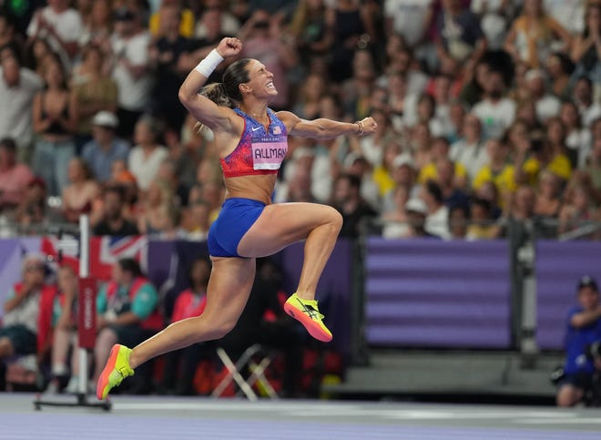 Valarie Allman (USA) celebrates after winning the women's discus throw final during the Paris 2024 Olympic Summer Games at Stade de France.