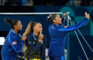 (Left to right) Simone Biles of the United States, Rebeca Andrade of Brazil, and Jordan Chiles of the United States