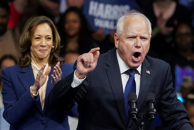 Democratic vice-presidential candidate, Minnesota Governor Tim Walz, speaks during a campaign rally with U.S. Vice President and Democratic presidential candidate Kamala Harris, in Philadelphia, Pennsylvania on August 6, 2024.