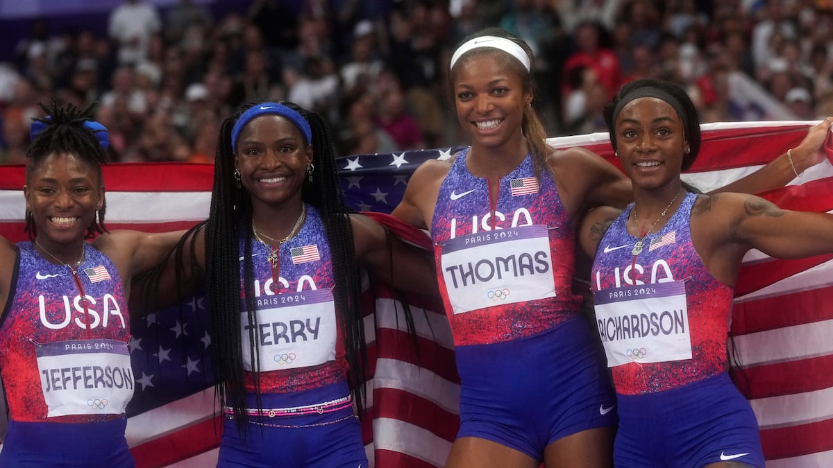 At Paris Olympics, U.S. women win 4x100-meter relay gold; men are disqualified