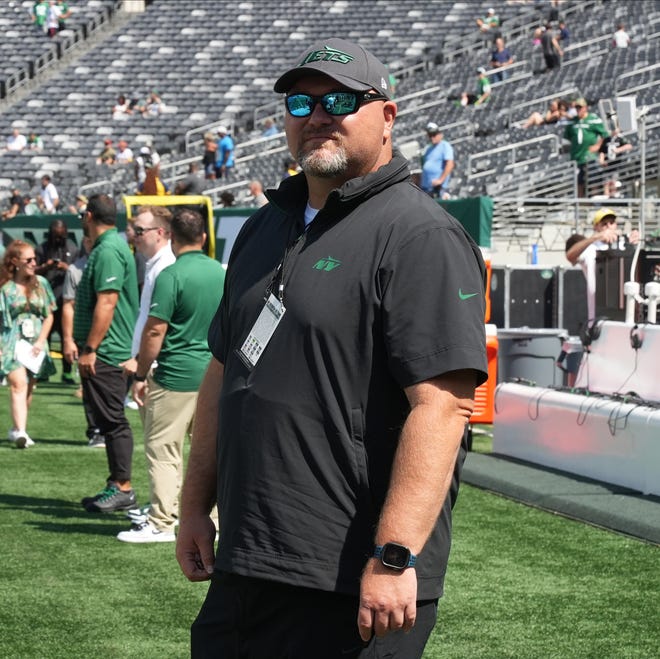 East Rutherford, NJ -- August 10, 2024 -- Jets general manager Joe Douglas during pre game warm ups as the Washington Commanders came to MetLife Stadium to play the New York Jets in the first press season game of the 2024 season.