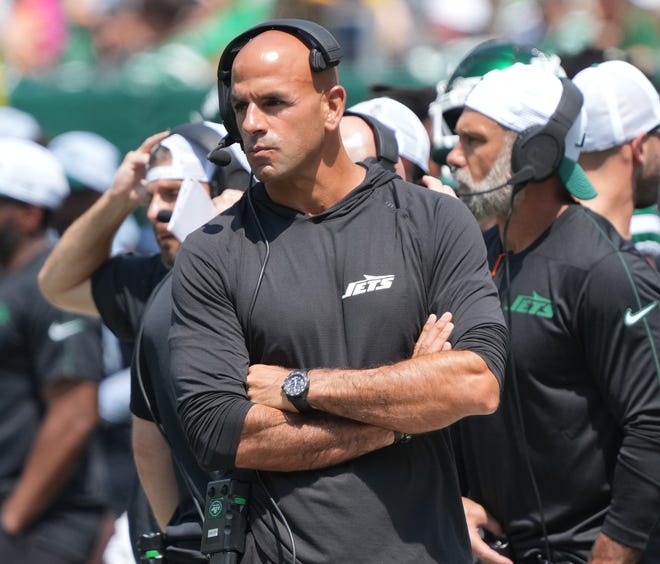 East Rutherford, NJ -- August 10, 2024 -- JJets head coach Robert Saleh in the first half as the Washington Commanders came to MetLife Stadium to play the New York Jets in the first press season game of the 2024 season.