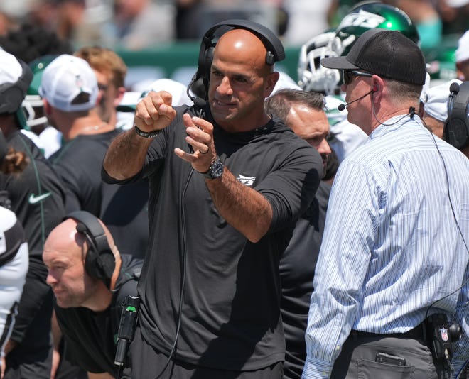 East Rutherford, NJ -- August 10, 2024 -- Jets head coach Robert Saleh trying to get an explanation on a play in the first half as the Washington Commanders came to MetLife Stadium to play the New York Jets in the first press season game of the 2024 season.