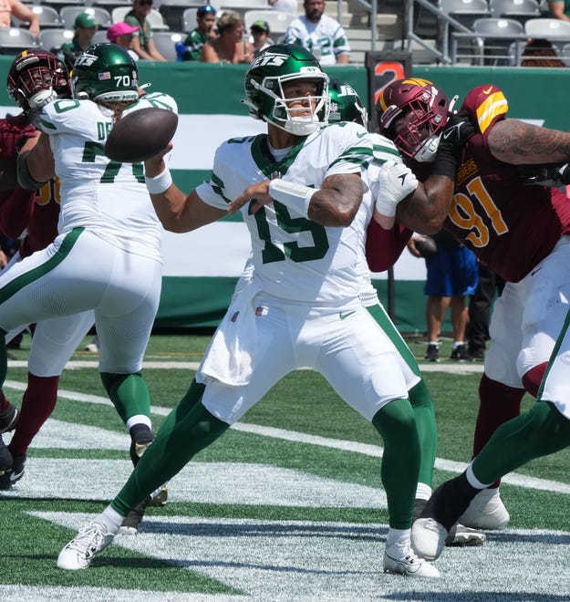 East Rutherford, NJ -- August 10, 2024 -- Jets quarterback Adrian Martinez in the second half as the Washington Commanders came to MetLife Stadium to play the New York Jets in the first press season game of the 2024 season. The Jets topped the Commanders 20-17.