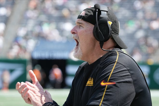 East Rutherford, NJ -- August 10, 2024 -- The Commanders head coach Dan Quinn in the second half as the Washington Commanders came to MetLife Stadium to play the New York Jets in the first press season game of the 2024 season. The Jets topped the Commanders 20-17.