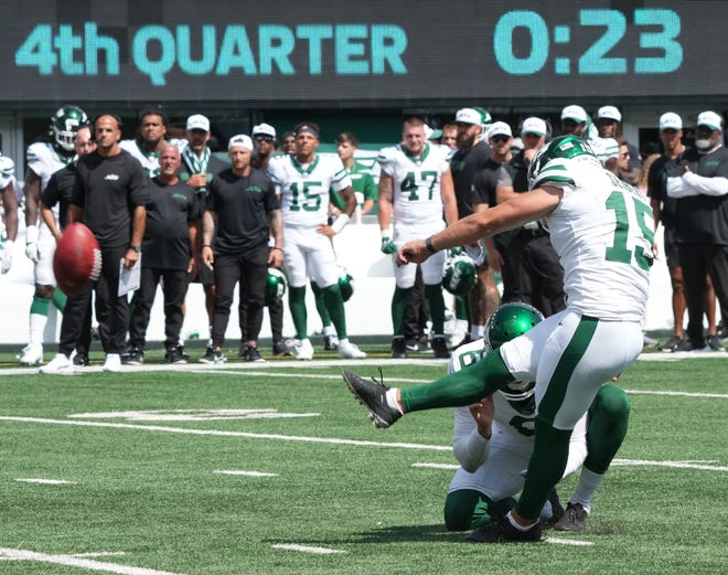 East Rutherford, NJ -- August 10, 2024 -- Austin Seibert kicks the winning field goal late in the second half as the Washington Commanders came to MetLife Stadium to play the New York Jets in the first press season game of the 2024 season. The Jets topped the Commanders 20-17.