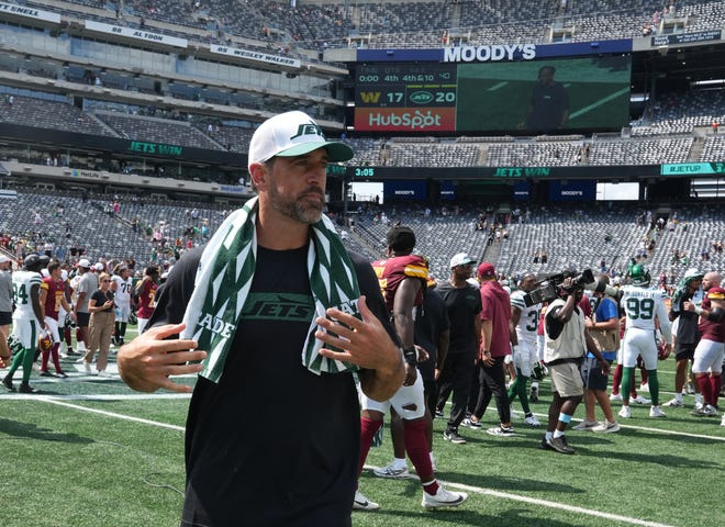 East Rutherford, NJ -- August 10, 2024 -- Aaron Rodgers at the end of the game as the Washington Commanders came to MetLife Stadium to play the New York Jets in the first press season game of the 2024 season. The Jets topped the Commanders 20-17.