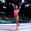 American Simone Biles celebrates at the end of her floor exercise individual event final on Monday at the Paris Olympics. Biles finished in second to win a silver medal and her fourth overall medal of the Games. Her teammate, Jordan Chiles, took the bronze.