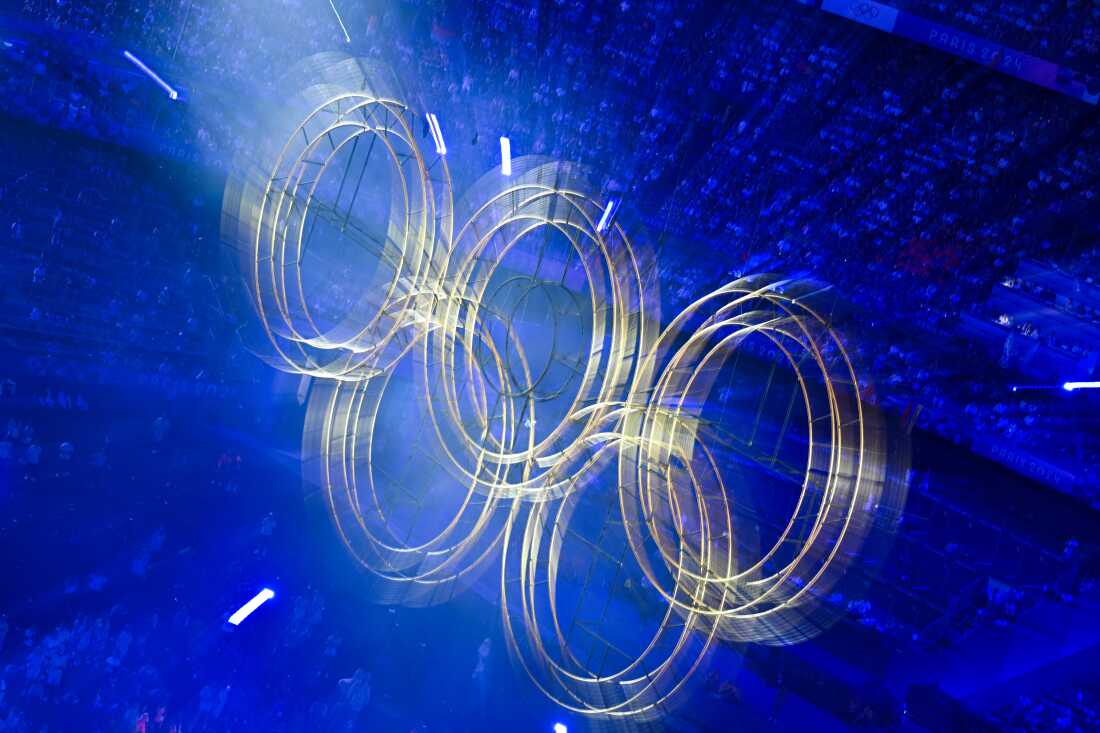 An overview shows the Olympic rings during the closing ceremony of the Paris 2024 Olympic Games at the Stade de France, in Saint-Denis, in the outskirts of Paris, on Sunday.