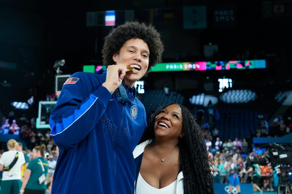 paris, france august 11 brittney griner of united states poses with her gold medal during the ceremony after winning the womens gold medal game, game 52, france vs united states of america on day sixteen of the olympic games paris 2024 at arena bercy on august 11, 2024 in paris, france photo by daniela porcellieurasia sport imagesgetty images