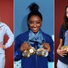 Side-by-side photos of Katie Ledecky, Simone Biles and Torri Huske. 