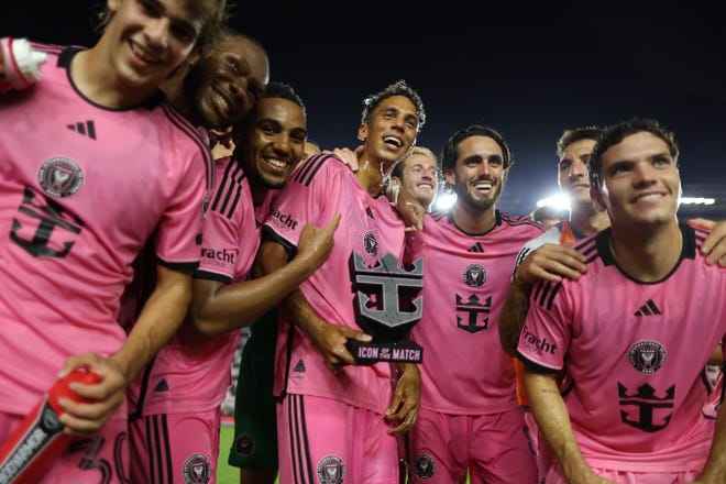 Inter Miami CF defender Ian Fray (17) celebrates with teammates after a game against the Columbus Crew at Chase Stadium.