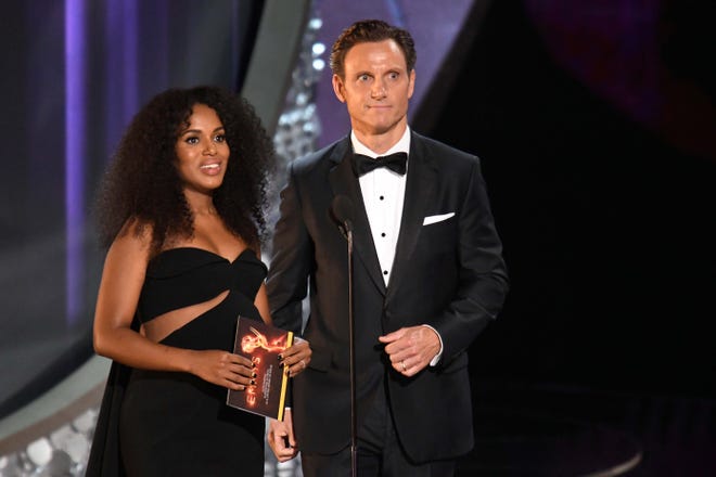 Kerry Washington and Tony Goldwyn present the award for outstanding supporting actress in a limited series or movie during 68th Emmy Awards at the Microsoft Theater.