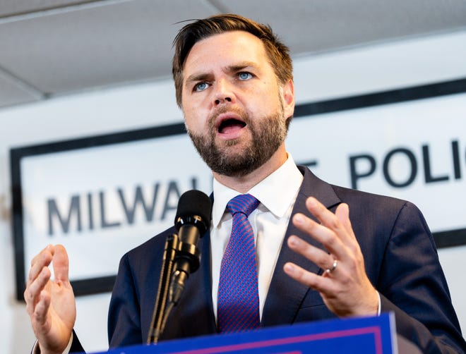 Vice Presidential Nominee, Senator JD Vance, R-Ohio, speaks at a campaign event at the Milwaukee Police Association Local 21 on Friday August 16, 2024 in Milwaukee, Wis.