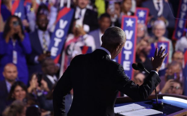 Former President Barack Obama speaks Tuesday, Aug. 20, 2024, during...