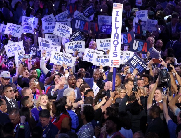 Illinois delegates, including Gov. JB Pritzker at lower right, cast...