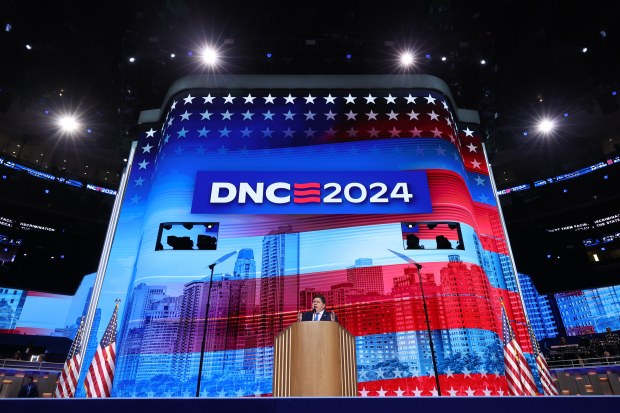 Illinois Gov. JB Pritzker address the delegates, Aug. 20, 2024,...