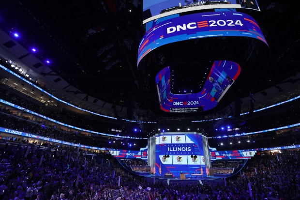 Illinois delegates cheer as their ceremonial roll call votes are...