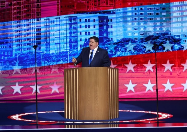 Gov. JB Pritzker speaks at the Democratic National Convention at...