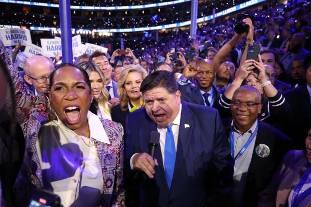 Gov. JB Pritzker, with Lt. Gov. Juliana Stratton, announces the...