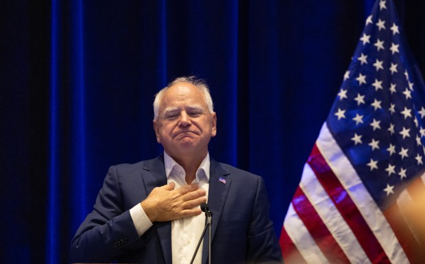 Democratic vice president nominee Minnesota Gov. Tim Walz makes a...