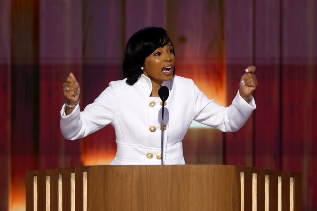 Maryland Democratic Senate candidate Angela Alsobrooks speaks on stage during...