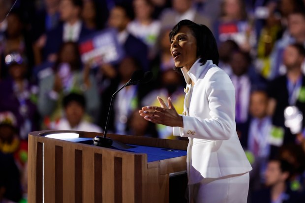 Maryland Democratic Senate candidate Angela Alsobrooks speaks on stage during...