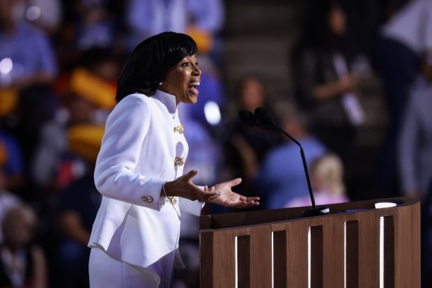 Maryland Democratic Senate candidate Angela Alsobrooks speaks on stage during...