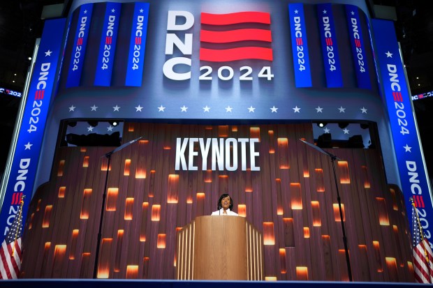 Maryland Democratic Senate candidate Angela Alsobrooks speaks on stage during...