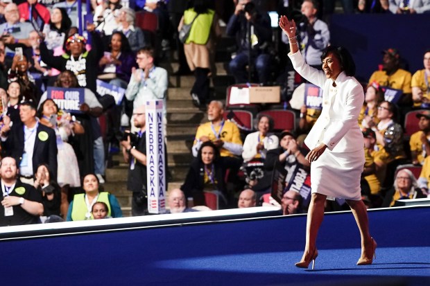 Angela Alsobrooks, a Maryland senate candidate, walks on stage on the second day of the Democratic National Convention at the United Center, in Chicago, on Tuesday, Aug. 20, 2024. (Haiyun Jiang/The New York Times)