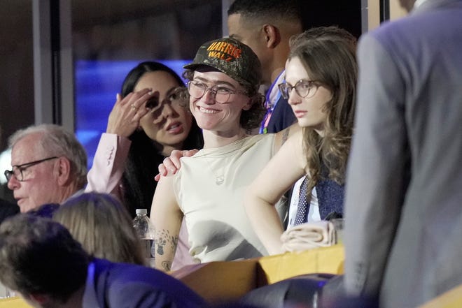 Aug 19, 2024; Chicago, IL, USA; Ella Emhoff is seen wearing a Harris-Walz camo hat during the first day of the Democratic National Convention at the United Center. The DNC program will feature President Joe Biden and Former Secretary of State Hillary Clinton during Monday's ceremonies. Mandatory Credit: Mark Hoffman-USA TODAY